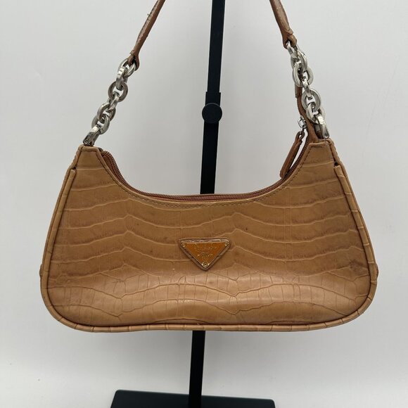 Vintage Nyc Croc Embossed Leather Shoulder Handbag With Chain Straps - Picture 1 of 7